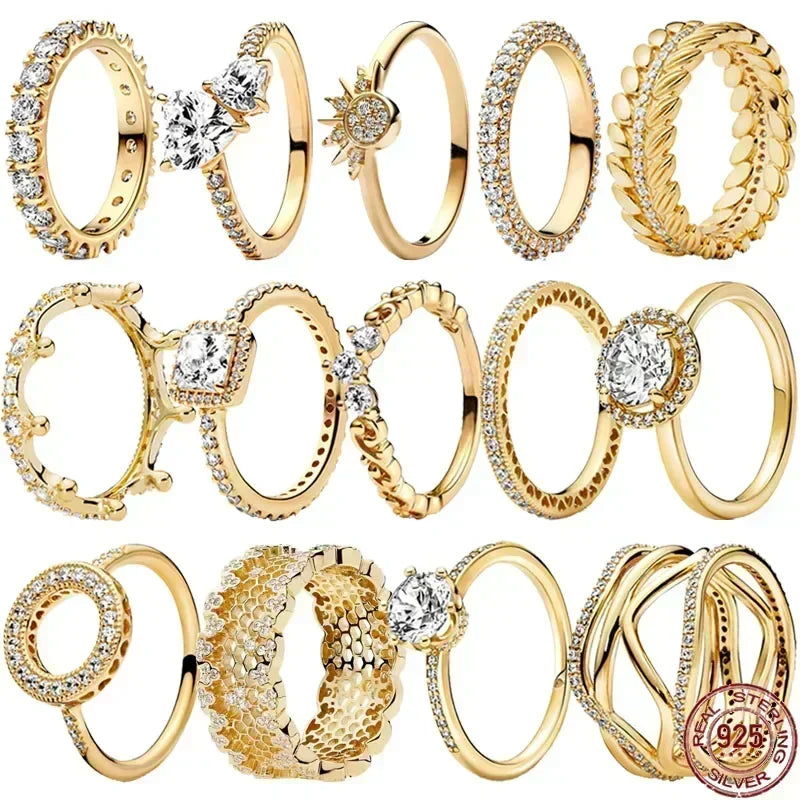 Trending 925 Sterling Silver Gold Series Heart-Shaped Crown Ring | Sparkling Fashion Jewelry Gift