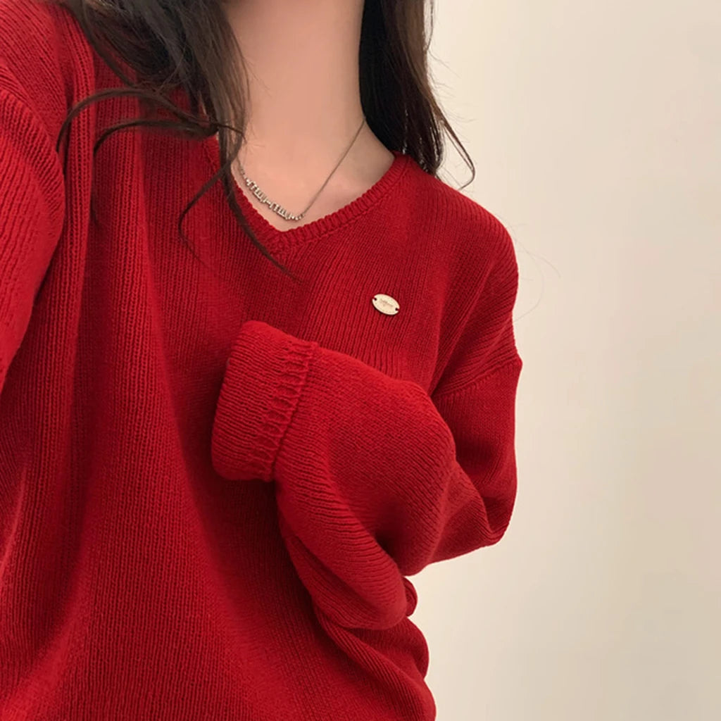 Loose Women’s Knitwear V-Neck Long Sleeve T-Shirt – Casual Comfortable Fashionable Autumn Top New Arrival