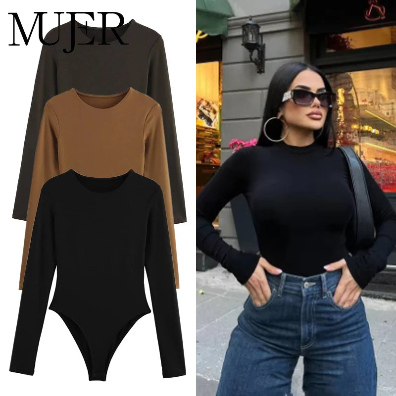 2025 MUJER Black Bustier Bodysuit for Women | Sexy Long Sleeve One-Piece Summer Top