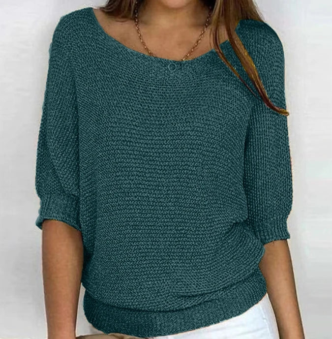 Women's Solid Color Knitted Sweater Pullover | Elegant Winter Round Neck 3/4 Sleeve Top