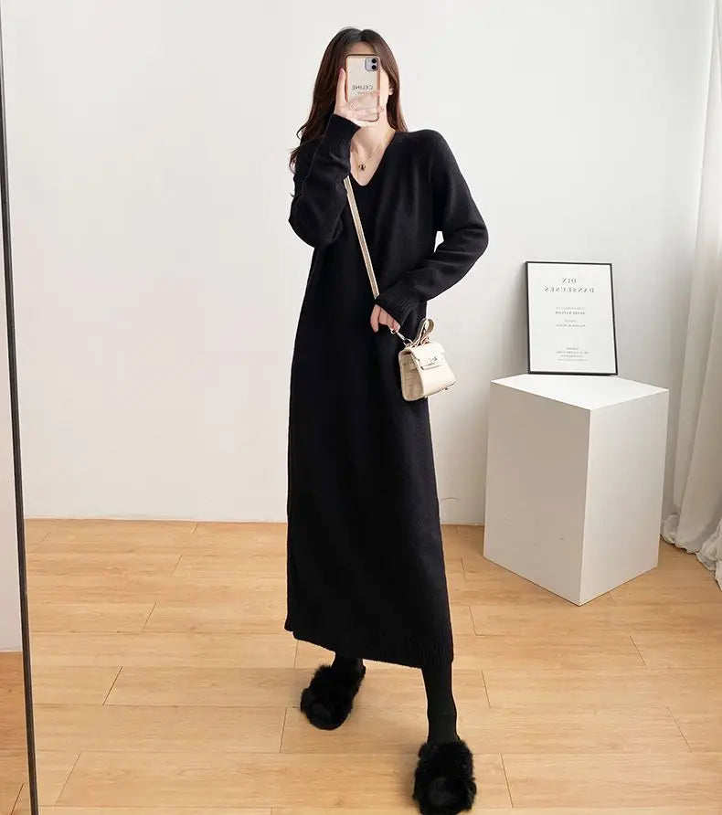 Ladies’ Knitted V-Neck Dress – Loose Fit Base Layer Skirt, Casual Straight Tube Korean Style Autumn Winter Dress