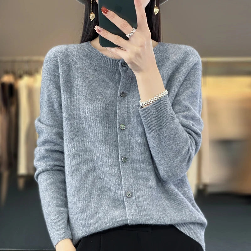 Women’s 100% Pure Wool Loose Cardigan – Autumn Winter Round Neck Solid Color Top 🍂🧶