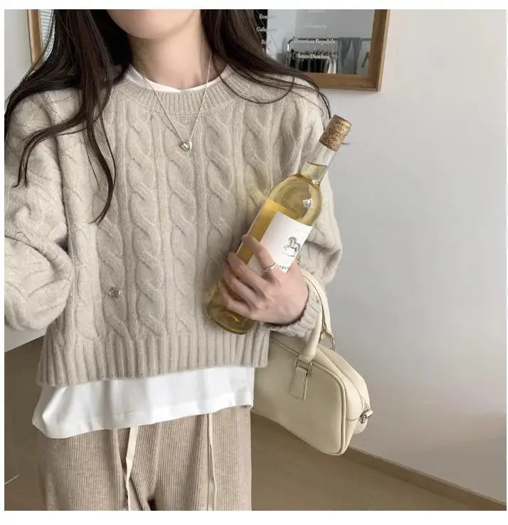 Soft ort Knitted Sweater Women's Top Lazy Sle Inner Wear Autumn Winter New Arrival Twist Cotton Long Sve round Ne Sw...