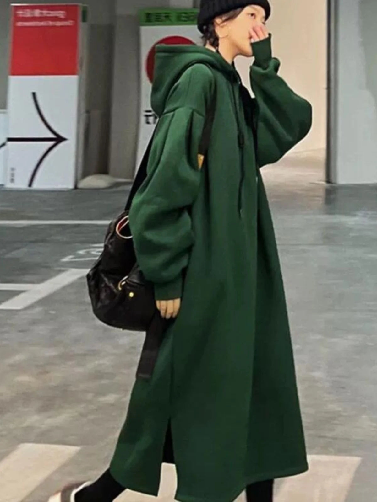🔥 Plus Size Fleece-Lined Hooded Long Dress for Women 👗❄️ Thick Warm Winter Casual Slimming Korean Style Hoodie Dress ❤️