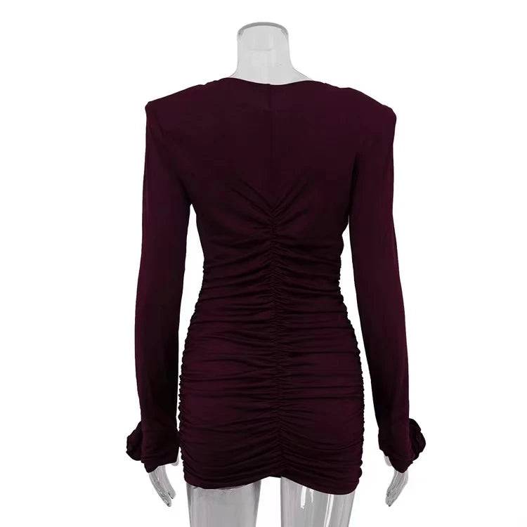 Sexy Pleated Long Sleeve Bodycon Dress – Drawstring Tight Fit High Waist Round Neck Spring Summer Women’s Commute Dress