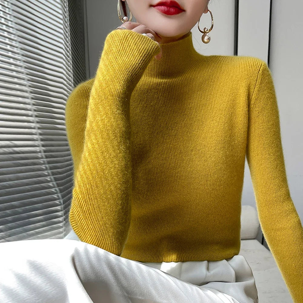 Women’s High Collar Knitted Sweater | Slim Fit Long Sleeve Top | Blue, Purple & Red Bottoming Shirt