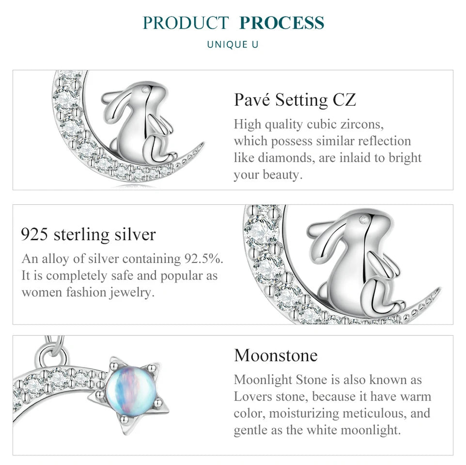 WOSTU 925 Sterling Silver Cat & Rabbit Moon Necklace | Star Zircon Pendant for Women Fine Jewelry Gift