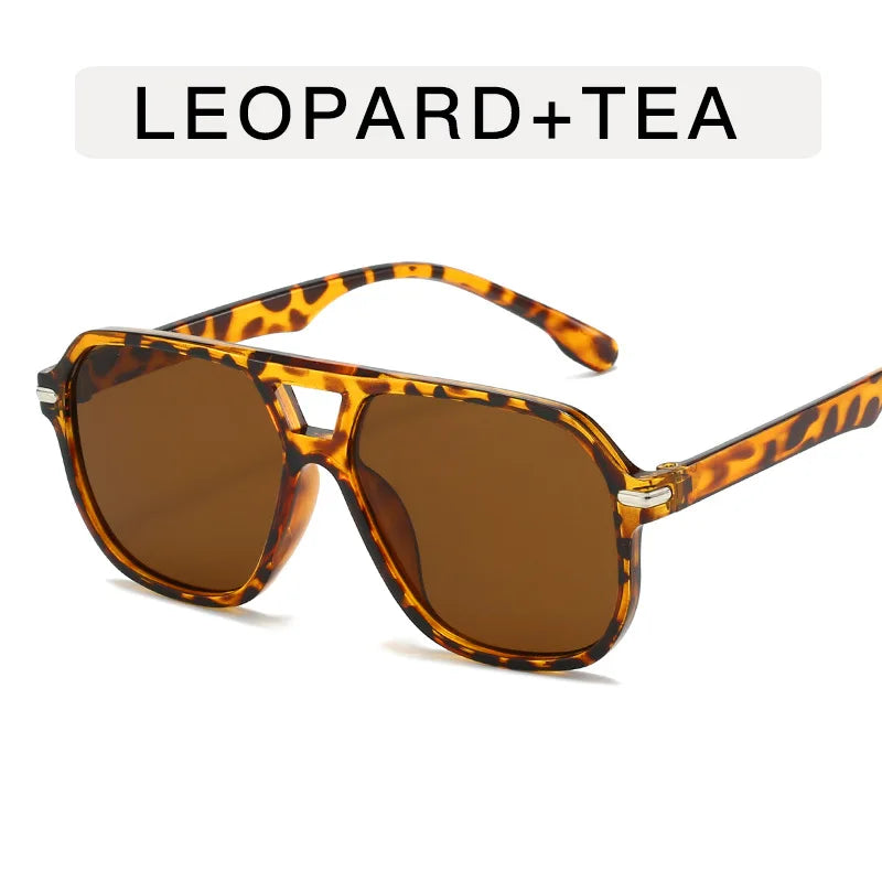 Retro Big Frame Square Sunglasses – Women & Men Double Beam One-Piece Designer Pilot Sun Glasses | Black Circular Cool Shades