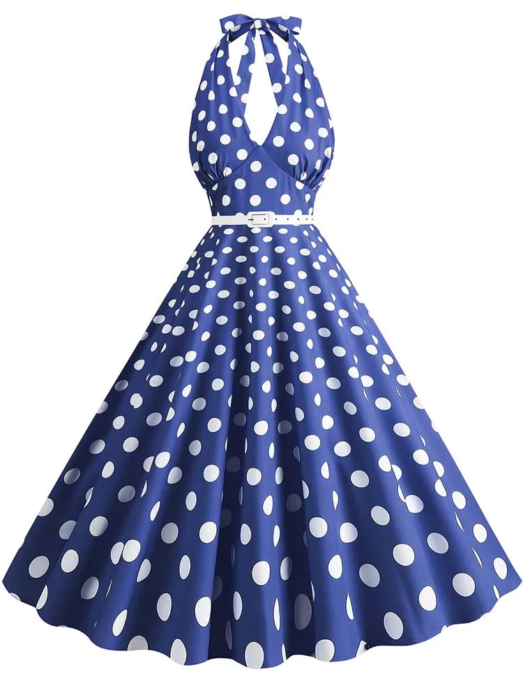 Women’s Vintage Halter Party Dress – Summer Polka Dot Midi Cocktail Prom Elegant Dress