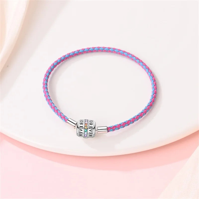 925 Sterling Silver Rainbow Leather Braided Bracelet | Eternal Love Stars & Moon Charm – DIY Women’s Beaded Jewelry Gift