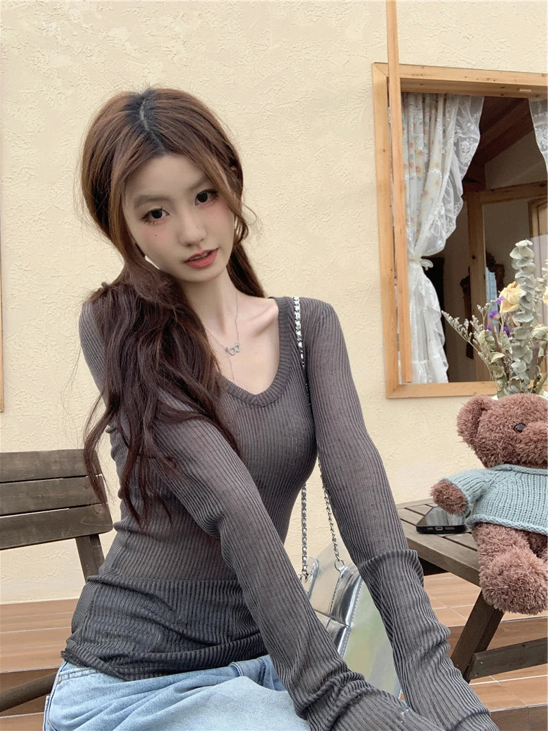 Slim Fit V-Neck Transparent Knitted Top for Women | Autumn 2024 Elegant Long Sleeve Thin Sweater | Classic Commuter Style