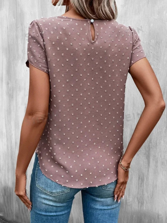 Swiss Dot Crew Neck Blouse – Casual Petal Sleeve Top for Spring & Summer Women 🌿✨