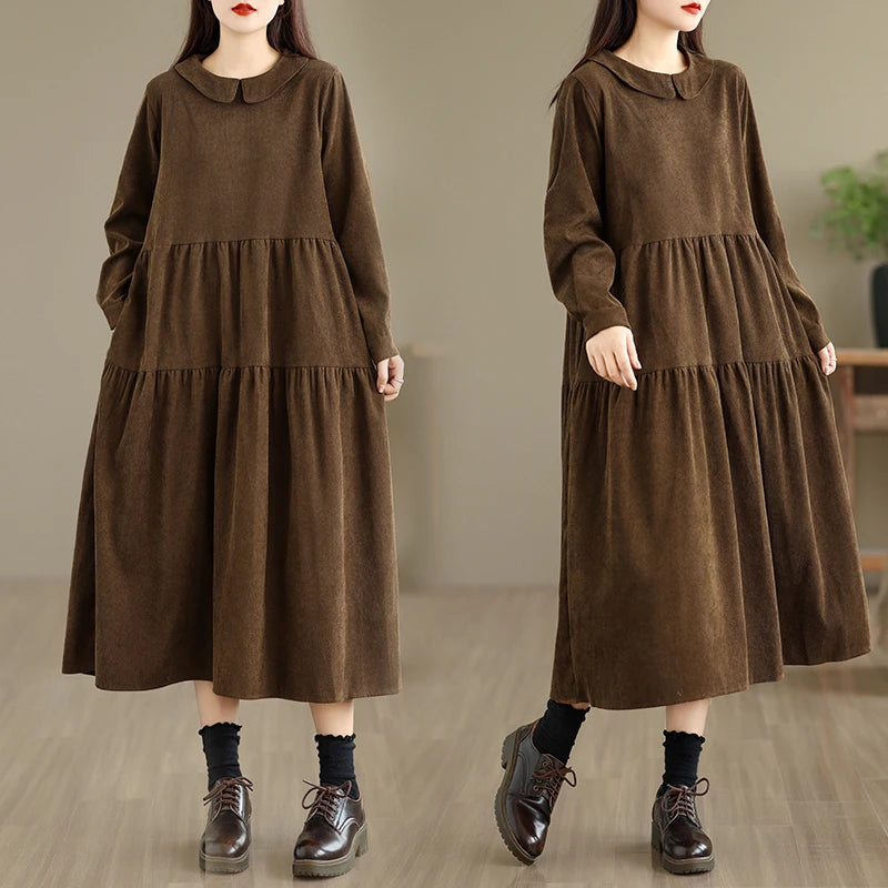 Corduroy Long Sleeve Doll Collar Dress 👗 Autumn Winter Loose A-Line Casual Midi Dress 🍂 Simple Chic Commute Dress