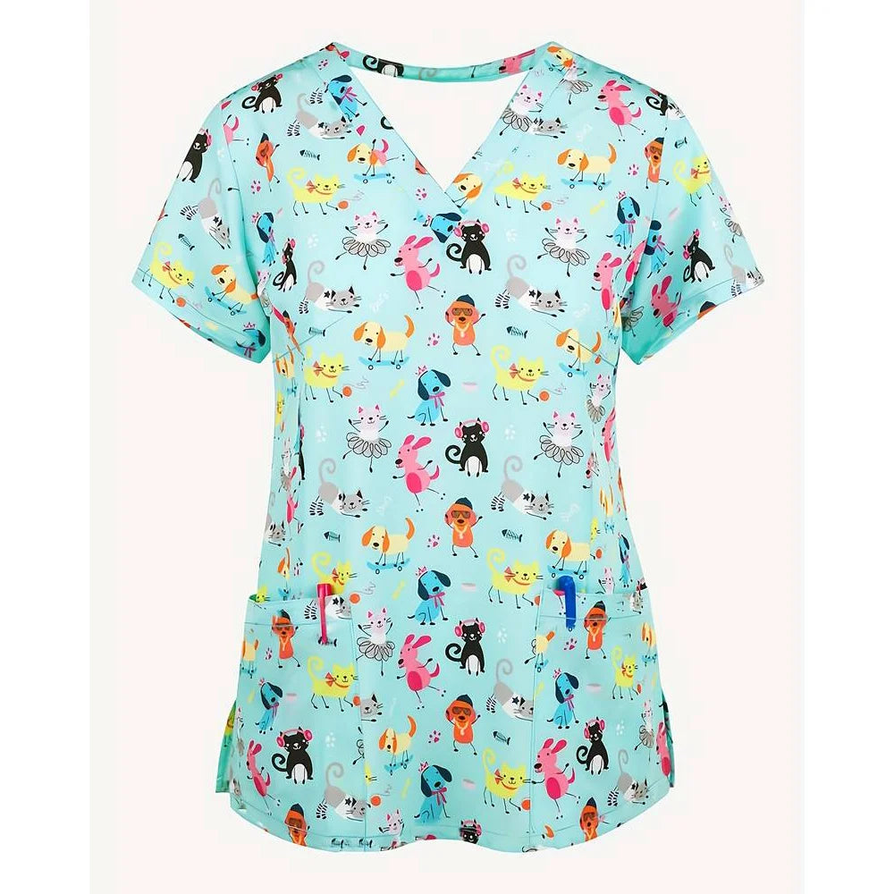 Women’s Medical Scrub Top – Cute Cartoon Print V-Neck Short Sleeve Nurse Dental Uniform 🩺🎀