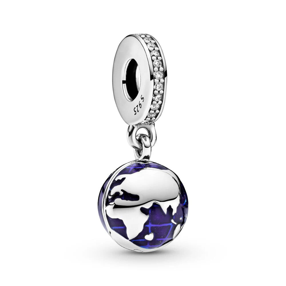 925 Sterling Silver Blue Planet & Dolphin Galaxy Dangle Charm | Women’s Bracelet DIY Jewelry