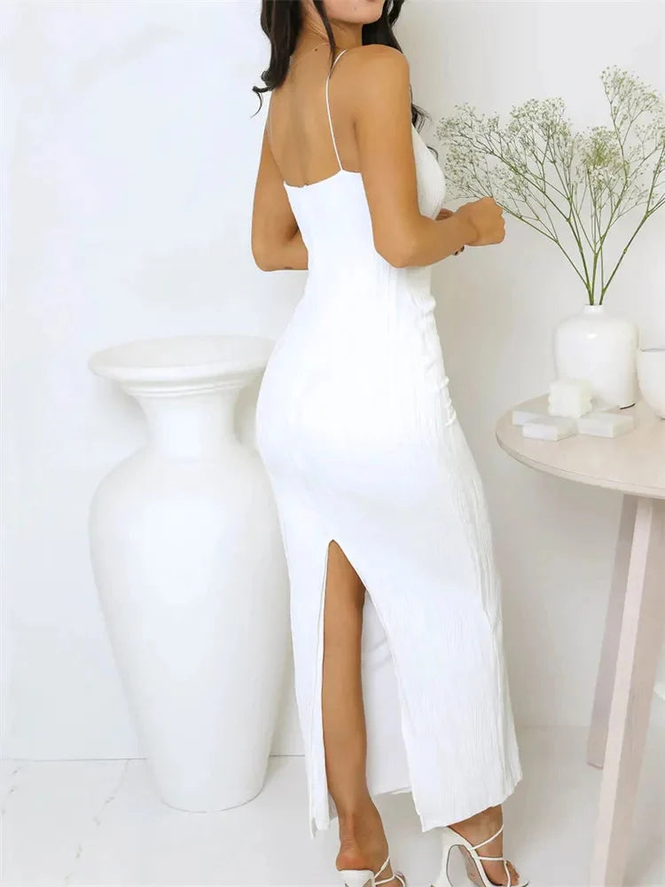 Sexy Women’s Ruched Sleeveless Long Dress – Slim Solid Summer Party Back Split Clubwear Vestido Female