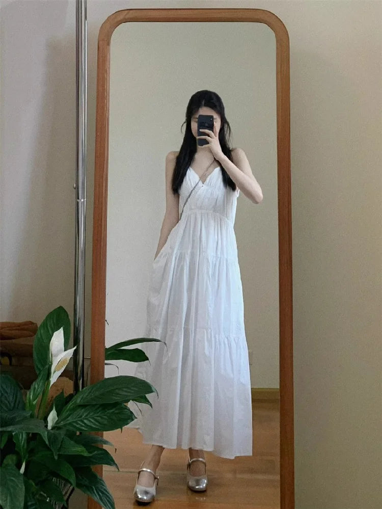 Women’s White V-Neck Backless Strap Dress – Summer Fairy Beach Vacation Long Skirt, Elegant Loose Waist Gown