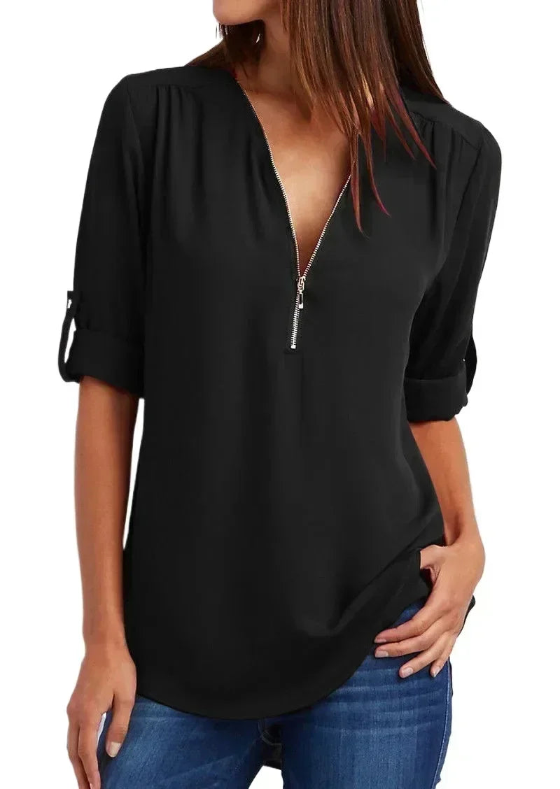 Summer Women’s Chiffon Blouse | Deep V-Neck Zipper Tops | Casual Loose Long Sleeve Plus Size Shirt