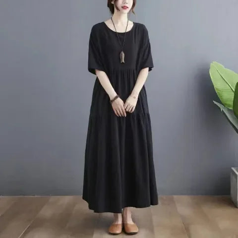 Cotton Linen Midi Dr Slimming A-Line Skirt High Waist Concealing Belly Summer New Sle Artistic Mid-aged And ly Wome...