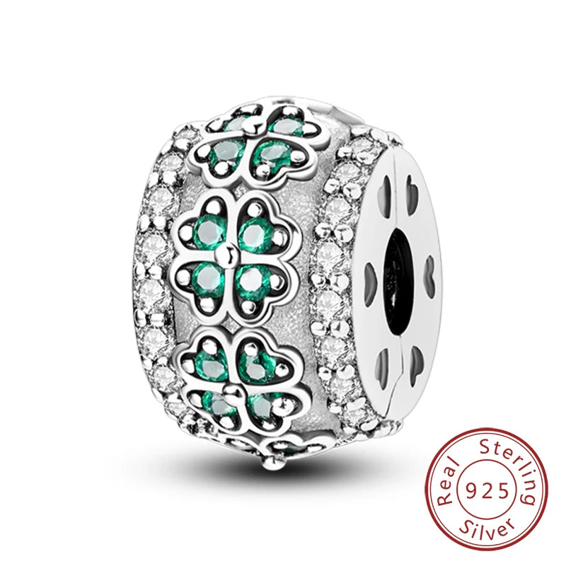 New 925 Sterling Silver Four-Leaf Clover Green Charm Bead | Lucky Pendant for Original Bracelet Jewelry Gift