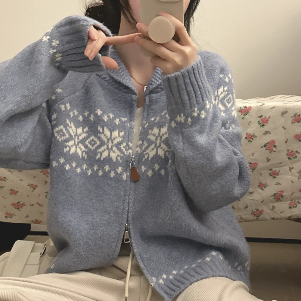 📚 College Style Knitted Sweater Coat for Women 🍂 Double Zipper Loose Fit | Autumn New Arrival Lazy Turn-Down Collar Top 🧥