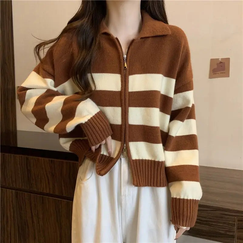🔥 Retro American Spicy Long Sleeve Sweater for Women 🍂 Winter Loose Fit Knit Top | Unique Stripe Lazy Style Pullover ❄️