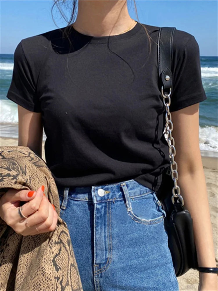Black Pure Cotton Short Sleeve T-Shirt for Women | Slim Fit Summer Base Top | Thin Inner Wear Casual Tee