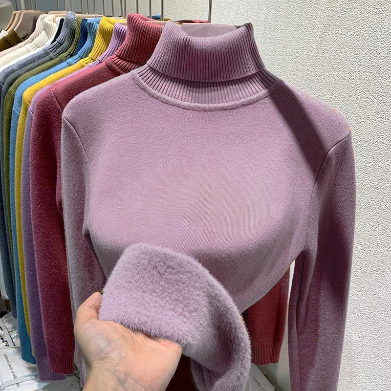 Women Winter Thicken Turtleneck Sweater – Slim Knit Plush Velvet Lined Warm Pullover Jumper