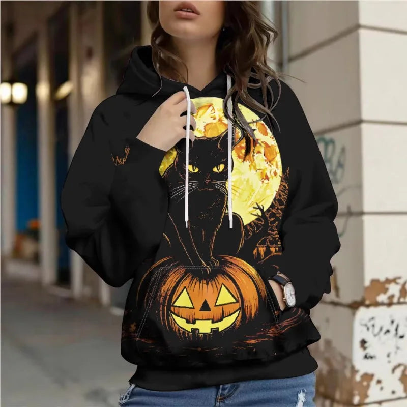 Loose Women’s Sweatshirt Hoodie | Halloween Retro Casual Pullover with Pocket | Long Sleeve Commuter Style