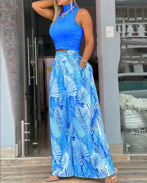 2025 Summer Fashion Printed Two Piece Set Women – Sleeveless Tank Top & Wide Leg Pants 🌞👚👖
