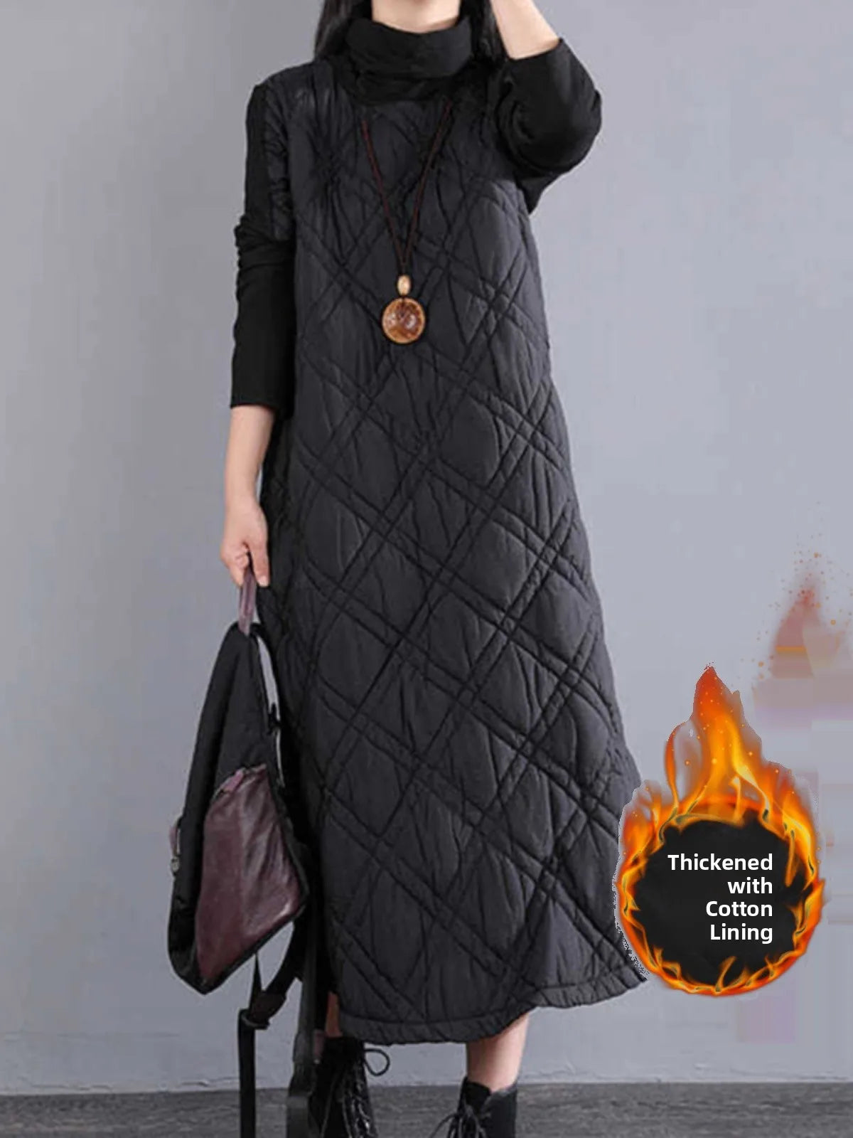 Retro High Collar Cotton Blend Long Dress for Women – Loose Fit Thickened A-Line Skirt for Autumn Winter Casual Wear