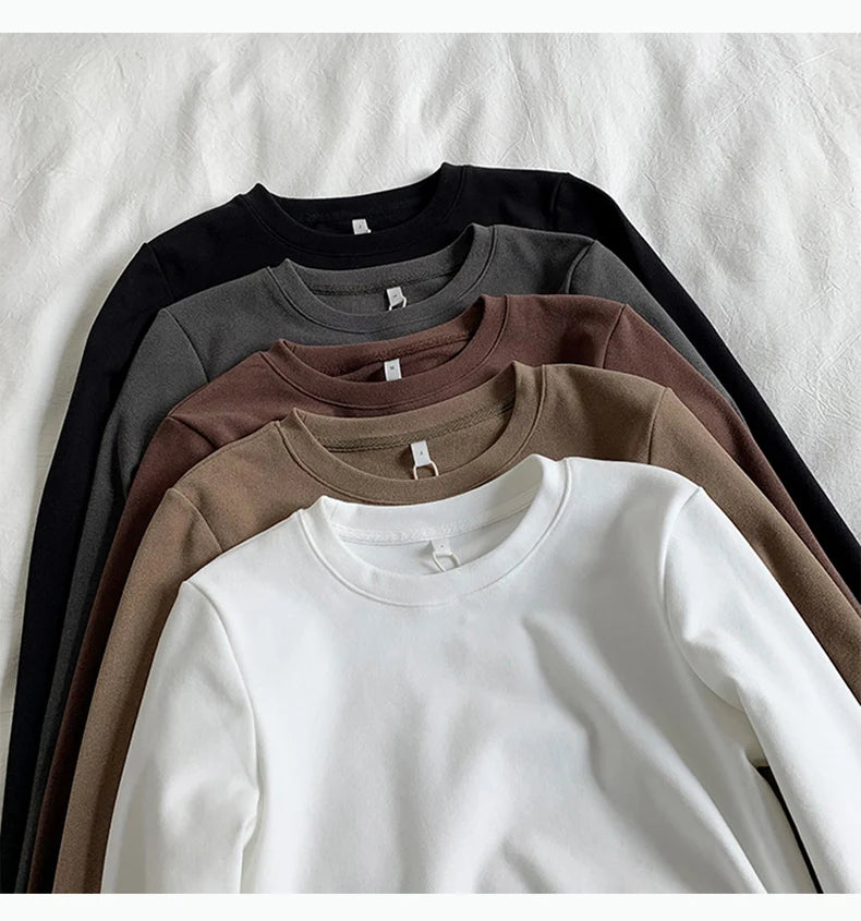 Women's Thermal Long Sleeve T-Shirt | Fleece-Lined Round Neck Top | Autumn Winter Fashionable Inner Wear