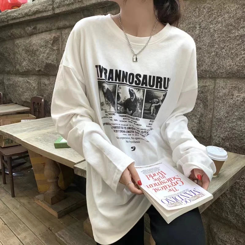 Retro Letter Print White Long Sleeve T-Shirt – Korean Style Base Layer Women’s Cotton Autumn Top