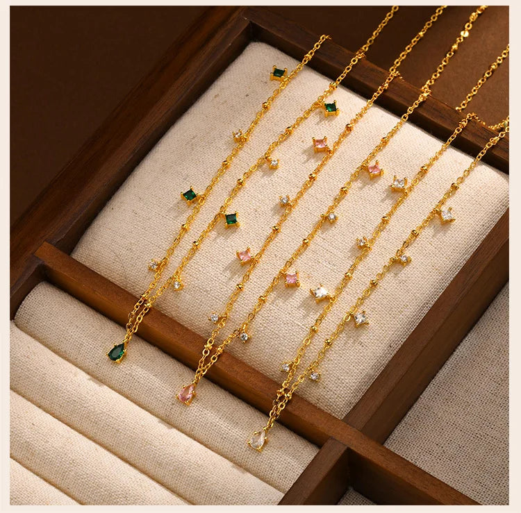 Zirconia Charms Necklace for Women – CZ Dangle Choker Bezel Station Gold Plated Jewelry