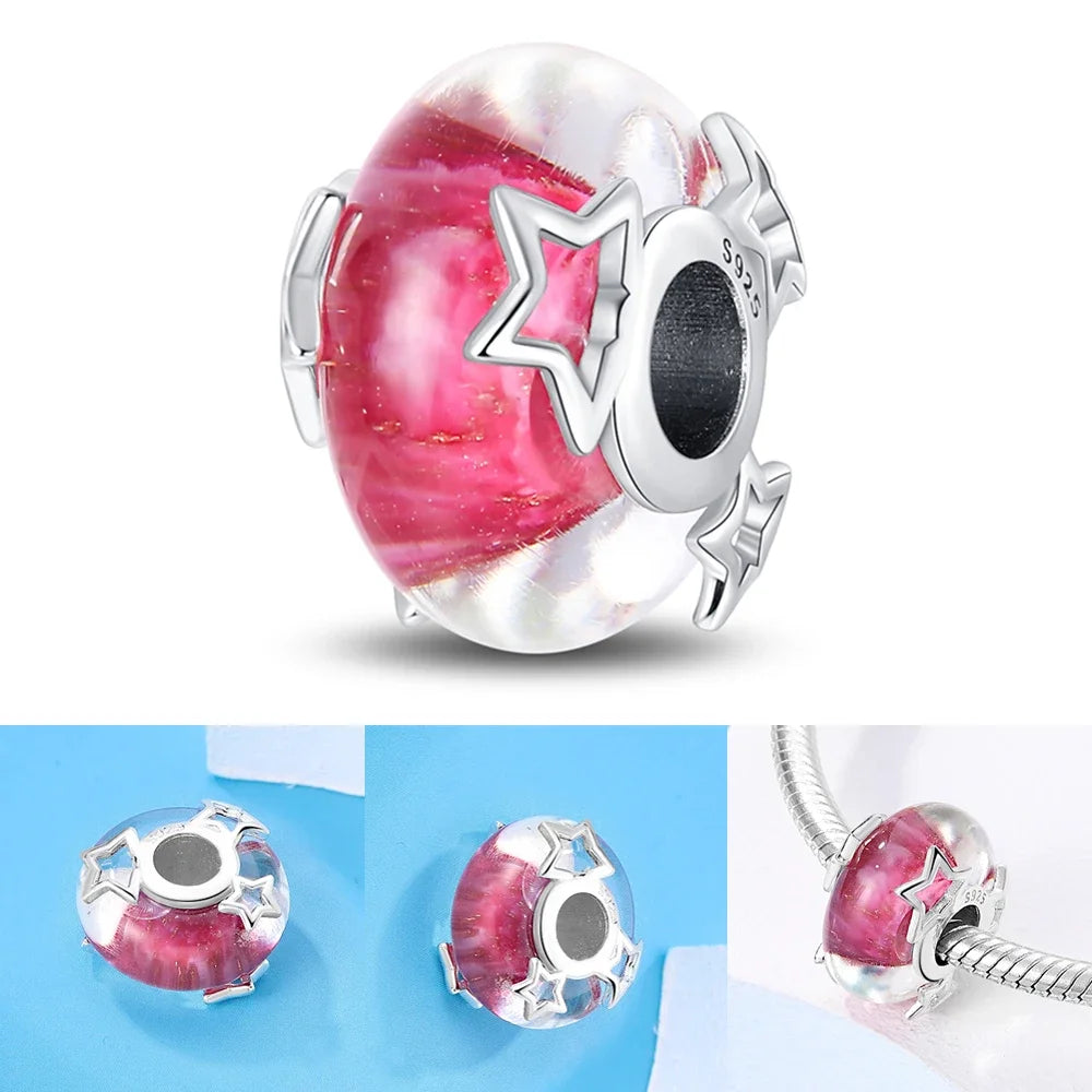 2025 Classic 925 Sterling Silver Colored Flower & Leaf Murano Glass Charm Beads | DIY Bracelet