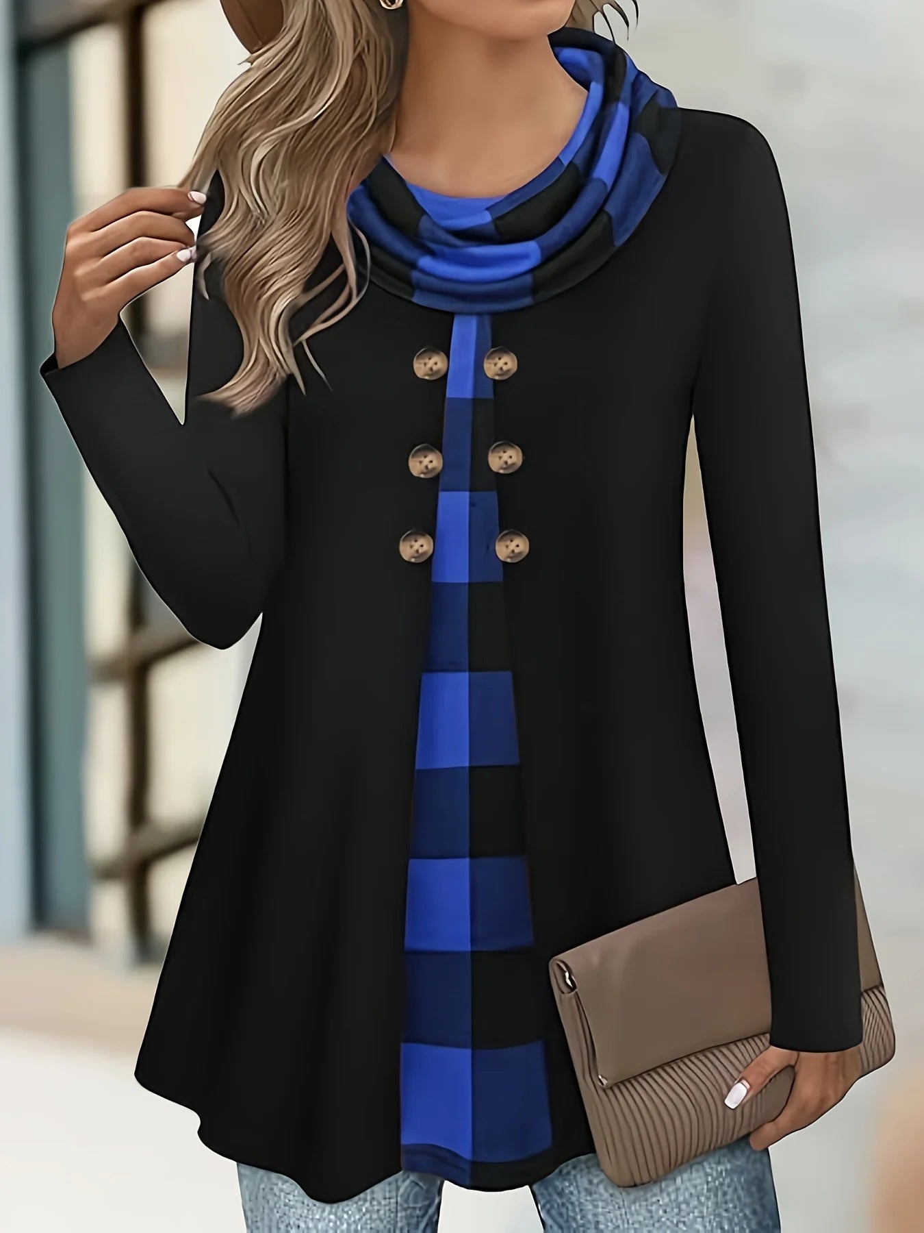 European & American Plaid Print Fake Two-Piece Plus Size Long Sleeve T-Shirt – Pleated Scarf Button Top 👚✨