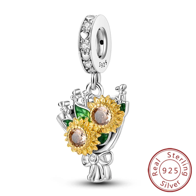 New 925 Sterling Silver Sunflower Heart Charm Bead | Original Bracelet DIY Jewelry Gift for Women