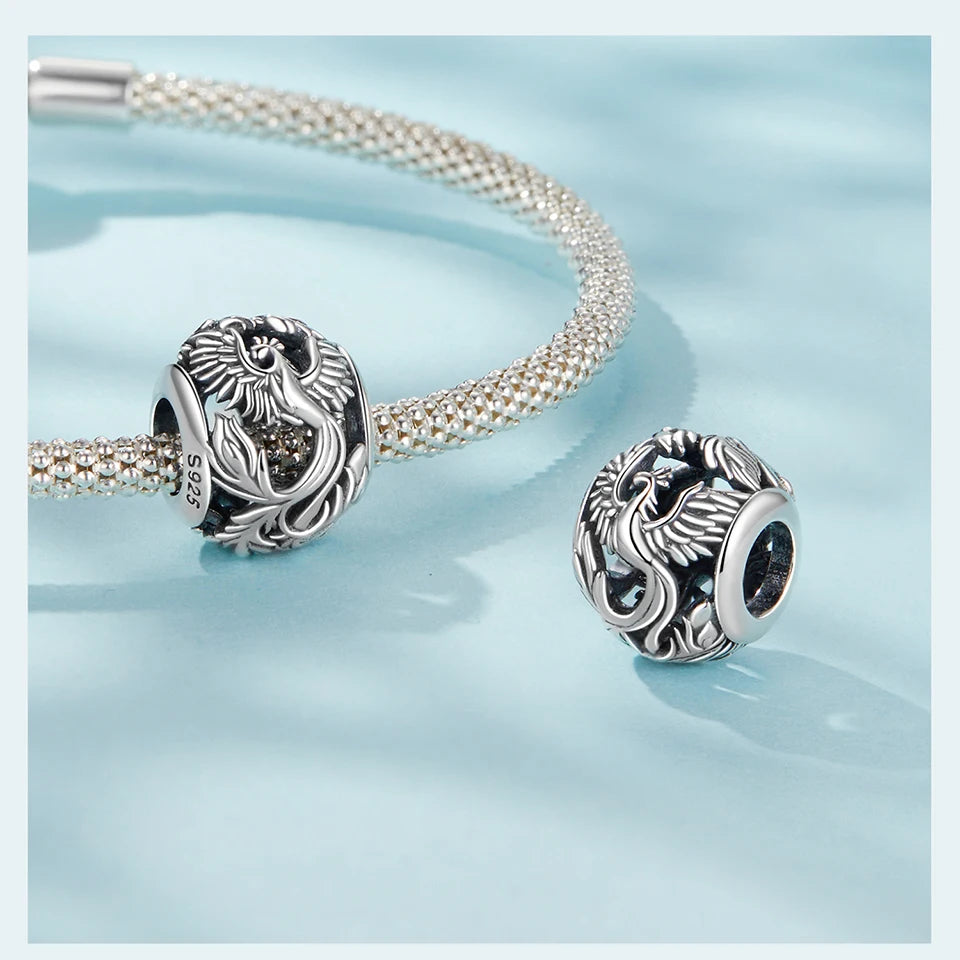 BAMOER 925 Sterling Silver Phoenix & Dragon Charm | Retro Hollow Round Bead | Fits Original Bracelet DIY Jewelry Accessories