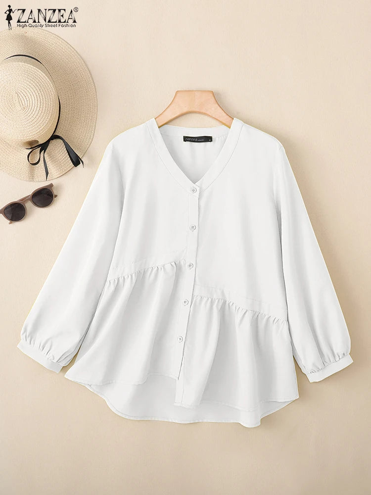 2025 ZANZEA Women’s Autumn Blouse – Casual V-Neck Long Sleeve Solid Button-Up OL Work Shirt 👚🍂