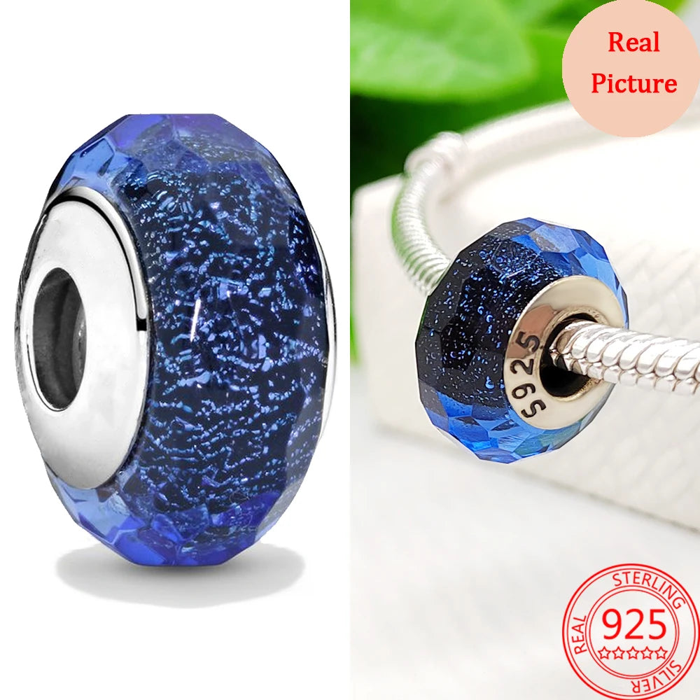 925 Sterling Silver Murano Glass Galaxy & Clover Heart Beads | Fit Pandora Bracelet DIY Jewelry Gift for Mum