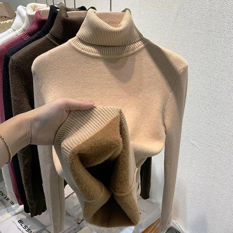 2025 Women’s High Collar Pullover Sweater – Thick Warm Soft Winter Top | Solid Color Bottoming Shirt