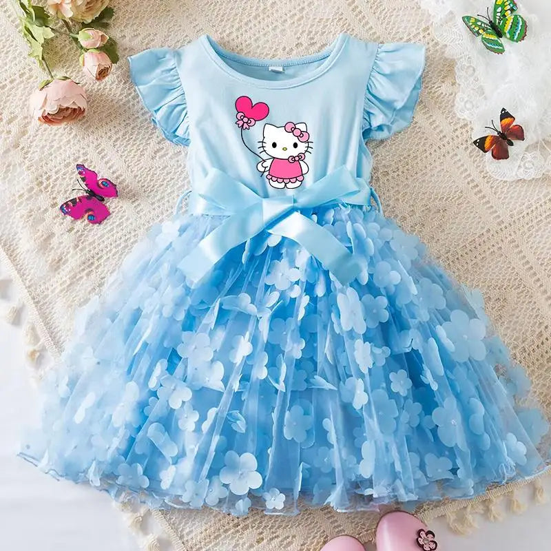 Hello Kitty Girls Tulle Flower Princess Dress | Wedding & Party Tutu Dress | Sleeveless Birthday Gift Outfit