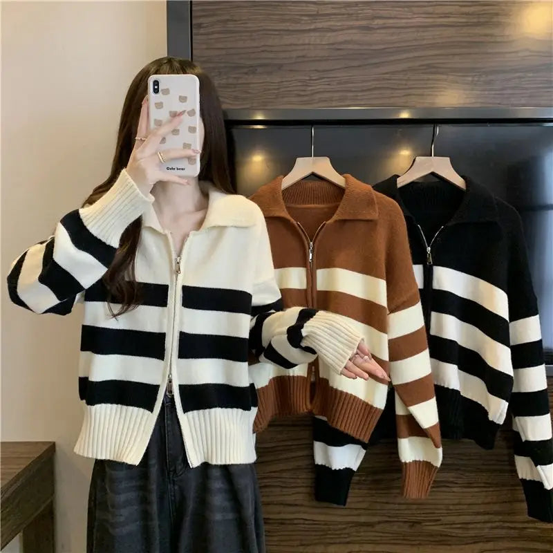 🔥 Retro American Spicy Long Sleeve Sweater for Women 🍂 Winter Loose Fit Knit Top | Unique Stripe Lazy Style Pullover ❄️