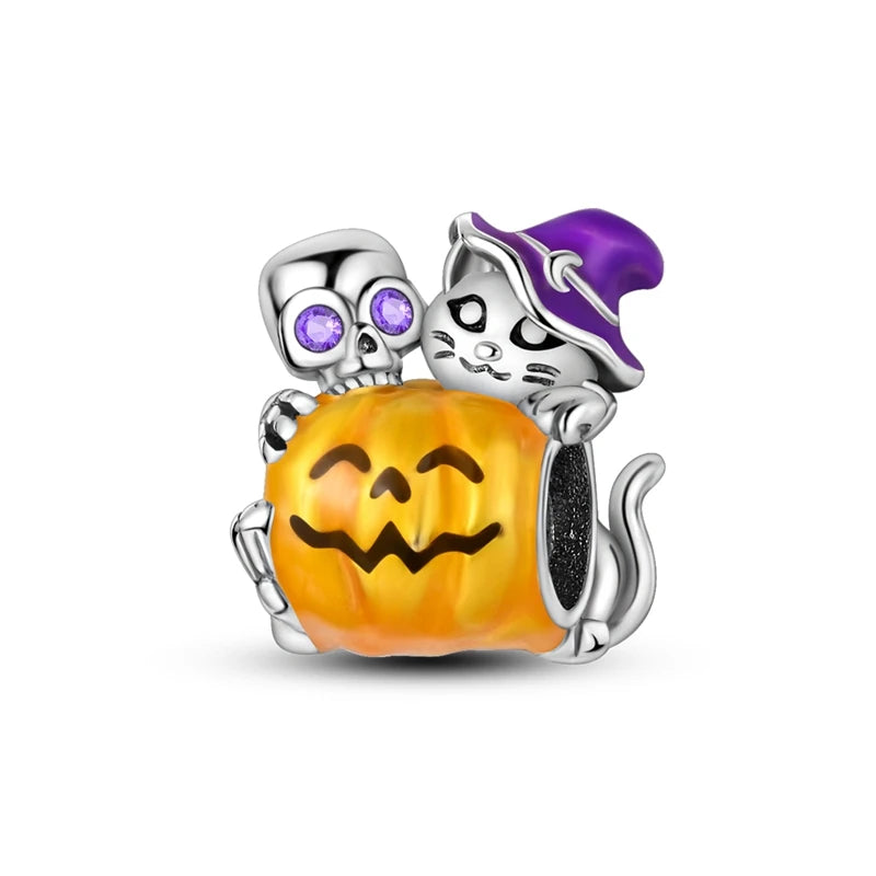 Halloween 925 Sterling Silver Charms | Pumpkin Skeleton Witch Bat Beads for Bracelet DIY Jewelry