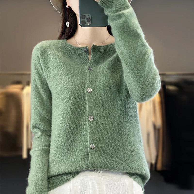 Women’s 100% Pure Wool Loose Cardigan – Autumn Winter Round Neck Solid Color Top 🍂🧶