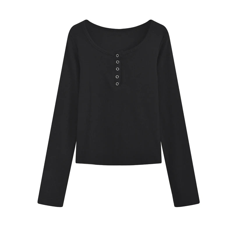 American Style Short Fit Women’s Long Sleeve U-Neck Tight Body Short-Length T-Shirt – Sexy Autumn Top