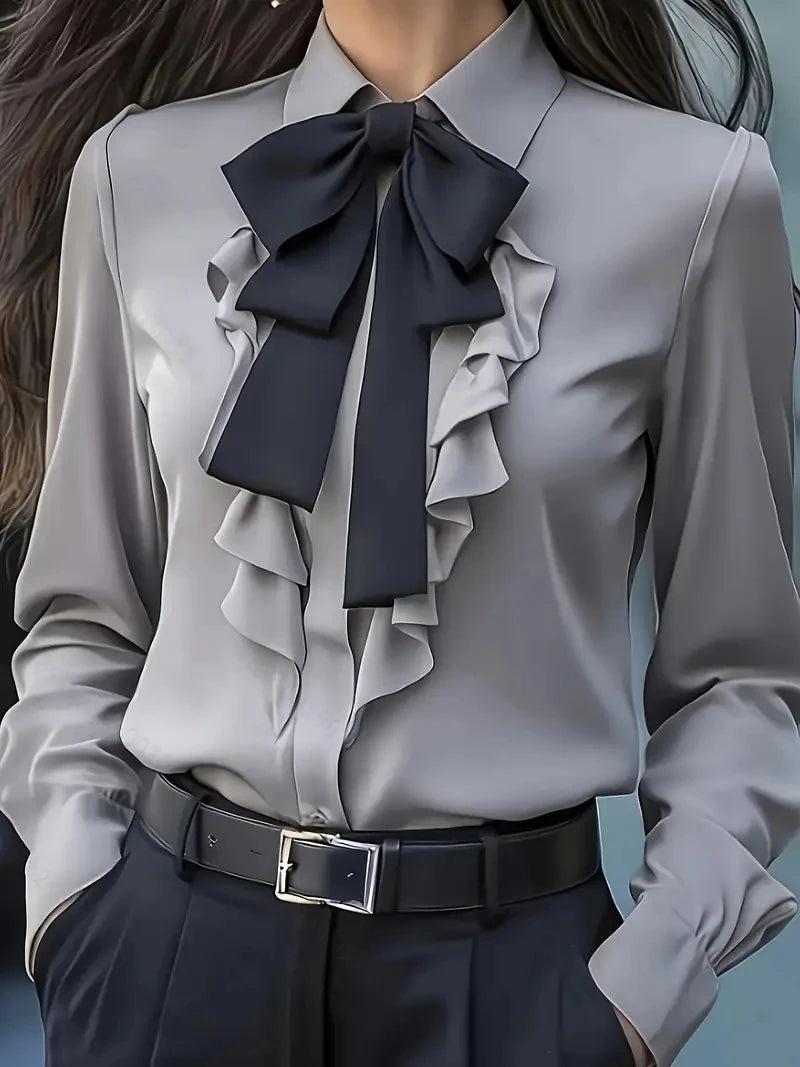 Women’s Formal Shirt Collar Bow Tie Ruffles – Long Sleeve Elegant Blouse 👚✨