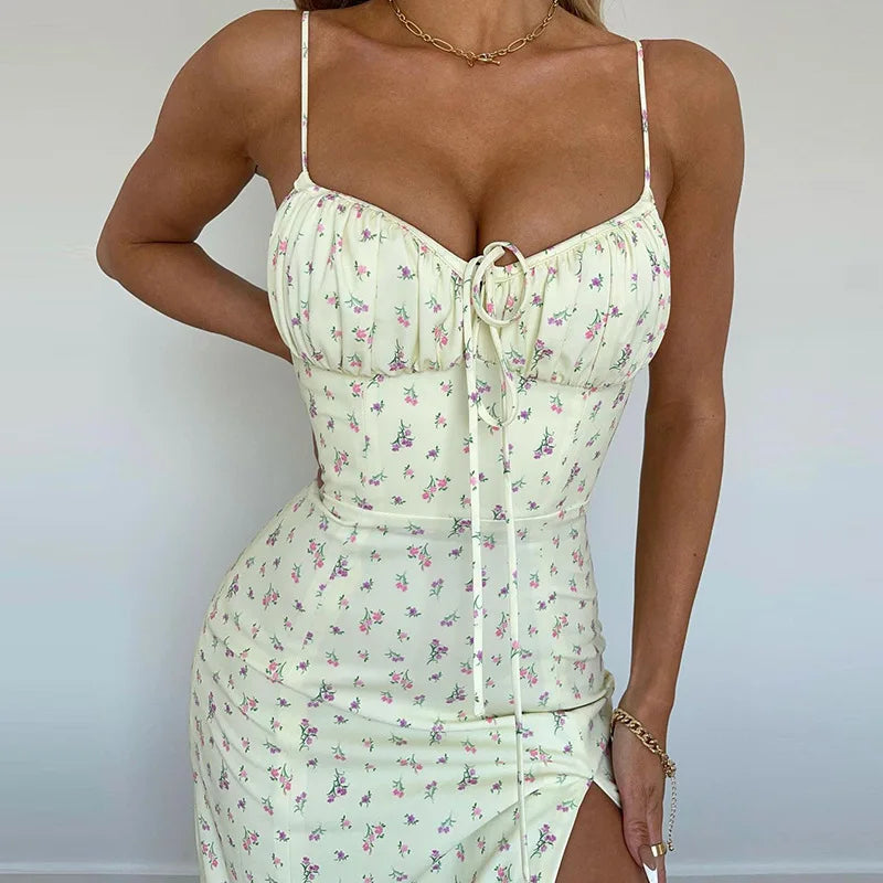 Women’s Bandage Pleated Floral Dress – Summer Elegant Party Sleeveless Backless Spaghetti Strap Aesthetic Dress