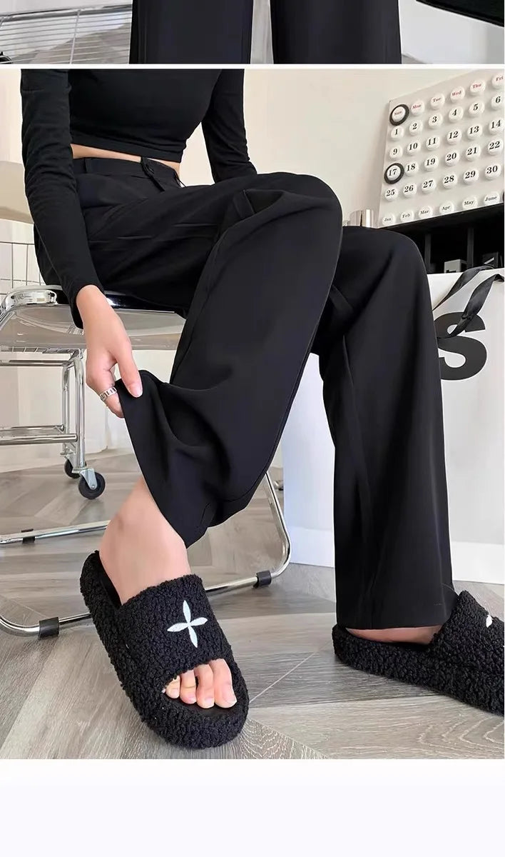 Women’s Slim Fit Straight Leg Suit Pants | Summer Thin Black Casual Trousers for Pear Shaped Body & Wide Hips