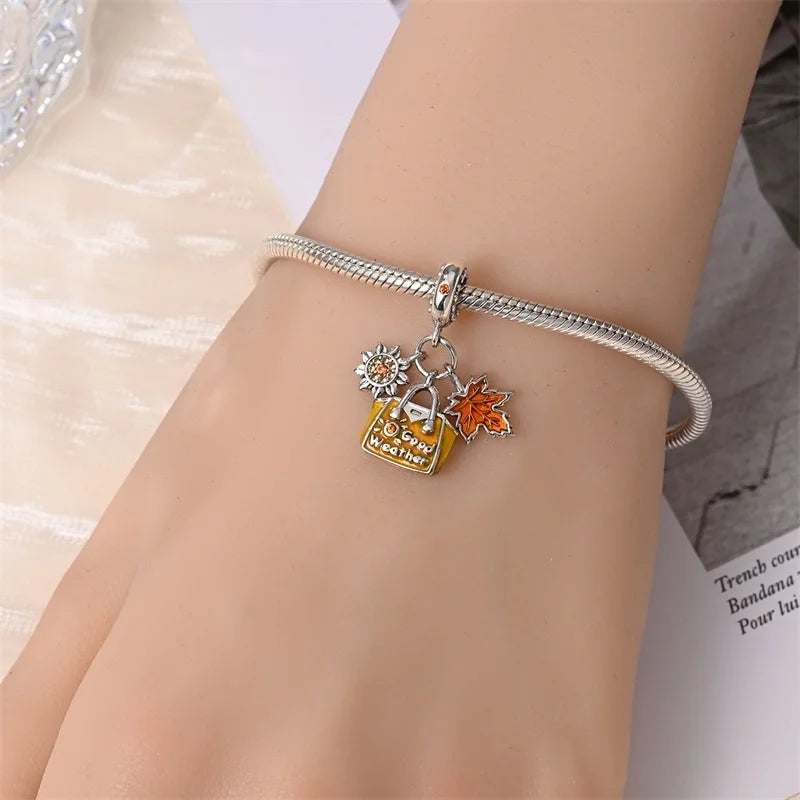 925 Sterling Silver Squirrel & Maple Leaf Charm | Shiny Zircon Autumn Beads Fit Pandora Bracelet DIY Jewelry